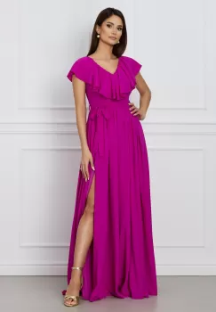 Rochie Dy Fashion magenta lunga cu volan la bust si cordon in talie imagine