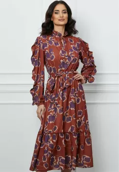 Rochie Dy Fashion maro cu imprimeu mov si cordon in talie imagine