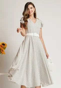 Rochie DY Fashion midi alba din stofa in clos cu buline si curea in talie imagine