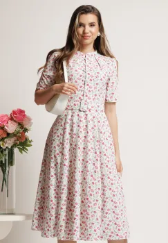 Rochie DY Fashion midi alba in clos din triplu voal cu floricele roz si curea in talie imagine