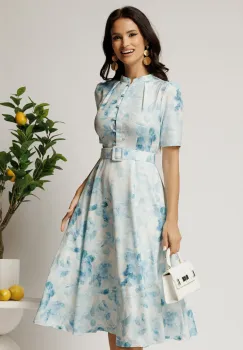 Rochie DY Fashion midi bleu in clos din rayon cu imprimeu floral si curea in talie imagine