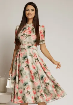 Rochie DY Fashion midi cu imprimeu kaki in clos din triplu voal cu nasturi la bust si curea in talie imagine