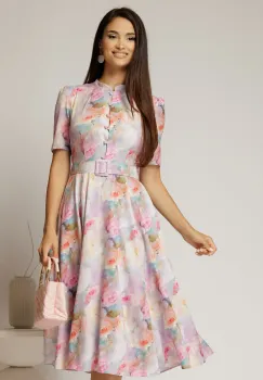 Rochie DY Fashion midi cu imprimeu lila in clos din triplu voal cu nasturi la bust si curea in talie imagine