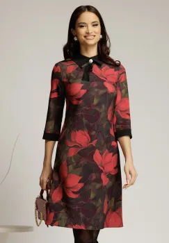 Rochie DY Fashion midi cu imprimeu negru si rosu cu guler tip camasa imagine