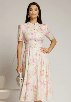 Rochie DY Fashion midi cu imprimeu roz in clos din triplu voal cu nasturi la bust si curea in talie imagine