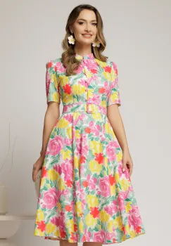 Rochie DY Fashion midi cu imprimeu roz si galben in clos din triplu voal cu nasturi la bust si curea in talie imagine