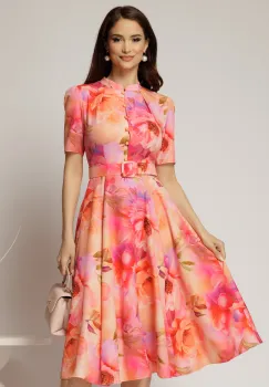 Rochie DY Fashion midi cu print cu bujori corai in clos din triplu voal cu nasturi la bust si curea in talie imagine