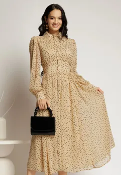 Rochie DY Fashion midi din voal bej cu buline si croi tip camasa imagine