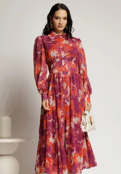 Rochie DY Fashion midi din voal cu imprimeuri si croi tip camasa imagine