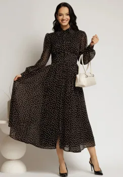 Rochie DY Fashion midi din voal negru cu buline si croi tip camasa imagine