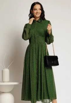 Rochie DY Fashion midi din voal verde cu buline si croi tip camasa imagine