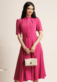 Rochie DY Fashion midi fucsia in clos din triplu voal cu nasturi la bust si curea in talie imagine
