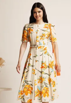 Rochie DY Fashion midi ivory in clos cu imprimeuri portocalii si curea in talie imagine