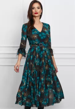 Rochie Dy Fashion midi neagra cu imprimeu floral albastru si pene la maneci imagine