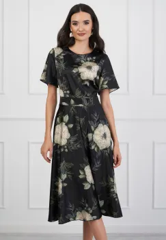 Rochie DY Fashion midi neagra cu imprimeuri florale bej imagine