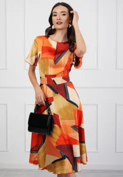 Rochie DY Fashion midi orange cu imprimeuri galbene imagine