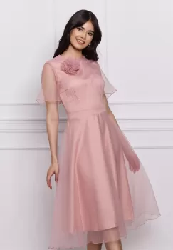Rochie DY Fashion midi roz din voal cu aplicatie florala imagine