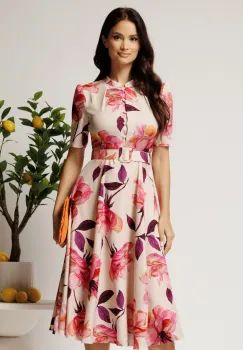 Rochie DY Fashion midi roz in clos din rayon cu flori mari si curea in talie imagine