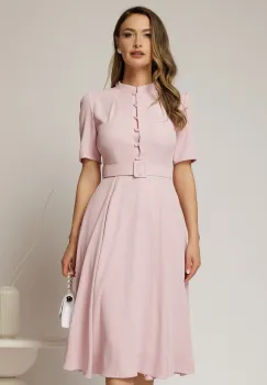 Rochie DY Fashion midi roz in clos din triplu voal cu nasturi la bust si curea in talie imagine