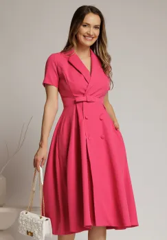 Rochie DY Fashion midi roz zmeura cu decolteu petrecut si curea in talie imagine