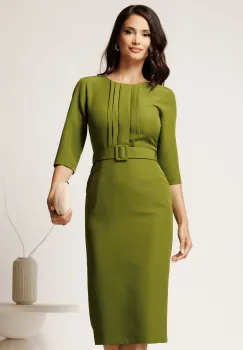 Rochie DY Fashion midi verde crud din stofa conica cu pliuri pe bust si curea in talie imagine