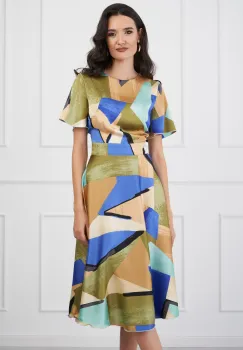 Rochie DY Fashion midi verde cu imprimeuri albastre imagine