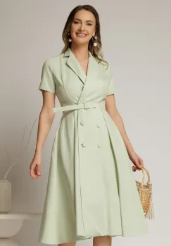 Rochie DY Fashion midi verde fistic cu decolteu petrecut si curea in talie imagine