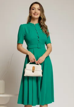Rochie DY Fashion midi verde in clos din triplu voal cu nasturi la bust si curea in talie imagine