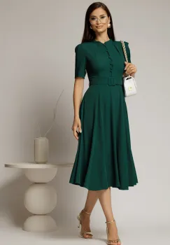 Rochie DY Fashion midi verde inchis in clos din triplu voal cu nasturi la bust si curea in talie imagine