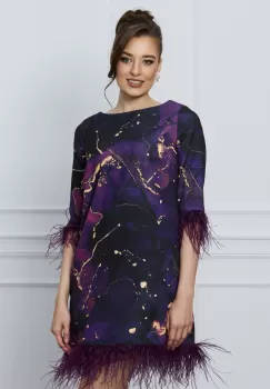 Rochie DY Fashion mov cu imprimeuri bej si pene imagine