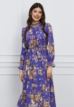 Rochie Dy Fashion mov cu imprimeuri florale si cordon in talie imagine