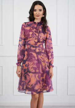 Rochie DY Fashion mov cu imprimeuri peach si guler incretit imagine