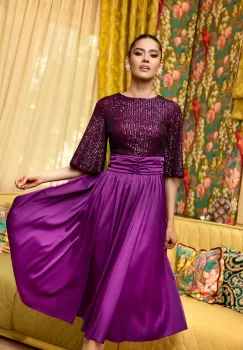 Rochie Dy Fashion mov cu paiete la bust si fusta din satin imagine