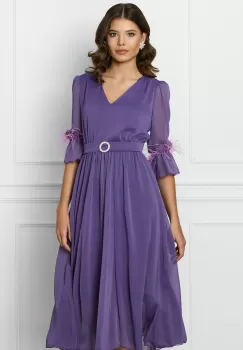 Rochie DY Fashion mov cu pene la maneci si accesoriu in talie imagine