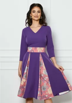 Rochie Dy Fashion mov cu pliuri si imprimeuri roz imagine