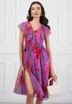 Rochie DY Fashion mov din voal cu imprimeu fucsia si cordon in talie imagine