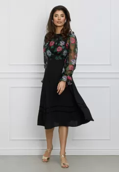 Rochie Dy Fashion neagra cu broderie florala la bust imagine