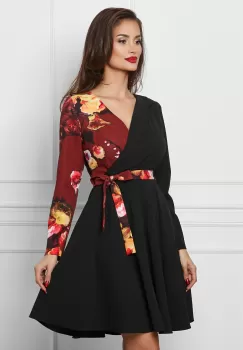 Rochie Dy Fashion neagra cu bust maro si cordon in talie imagine