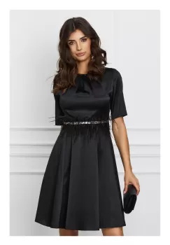 Rochie DY Fashion neagra cu cordon din pene si strasuri in talie imagine
