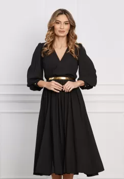 Rochie Dy Fashion neagra cu decolteu petrecut si curea in talie imagine