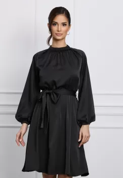 Rochie Dy Fashion neagra cu elastic si cordon in talie imagine