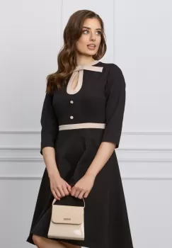 Rochie Dy Fashion neagra cu guler si banda bej in talie imagine