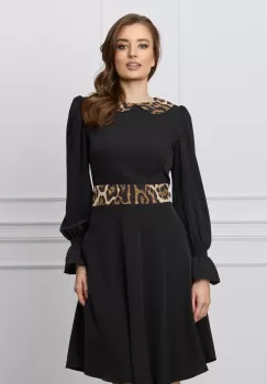 Rochie Dy Fashion neagra cu guler si banda in talie din satin cu animal print imagine