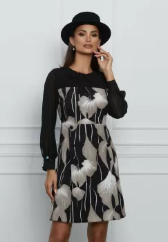 Rochie Dy Fashion neagra cu imprimeu bej si maneci din voal imagine