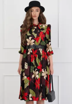 Rochie DY Fashion neagra cu imprimeu floral rosu si curea in talie imagine