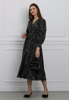 Rochie Dy Fashion neagra cu imprimeu gri si curea in talie imagine