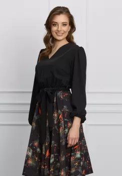 Rochie Dy Fashion neagra cu imprimeu pe fusta si cordon in talie imagine