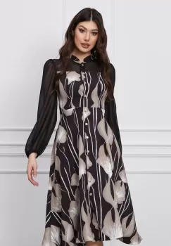 Rochie Dy Fashion neagra cu imprimeuri bej si nasturi imagine