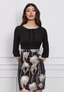Rochie Dy Fashion neagra cu imprimeuri florale bej pe fusta imagine