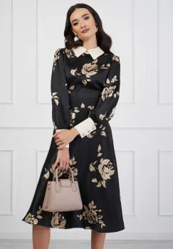 Rochie DY Fashion neagra cu imprimeuri florale bej si guler alb imagine